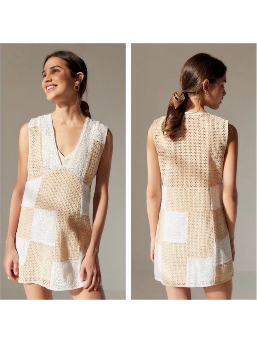 UO Urban Outfitters Kay Patchwork Eyelet Shift Dress Size XS Tan White 70’s Boho